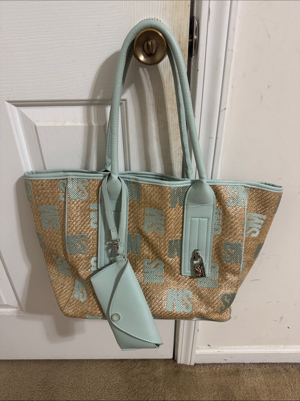 Steve Madden Mint and Natural Straw Tote with Monogram Pattern